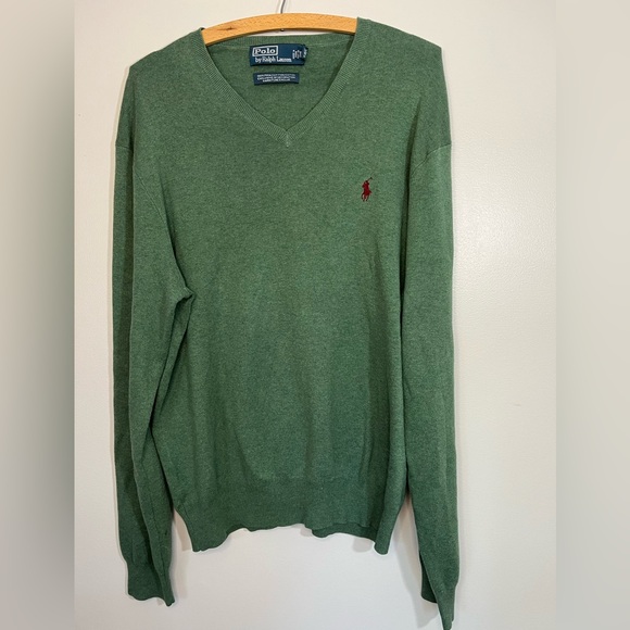 Polo Ralph Lauren Green V-Neck Fine Gauge Pima Cotton Sweater Men’s Size Large - Picture 1 of 8